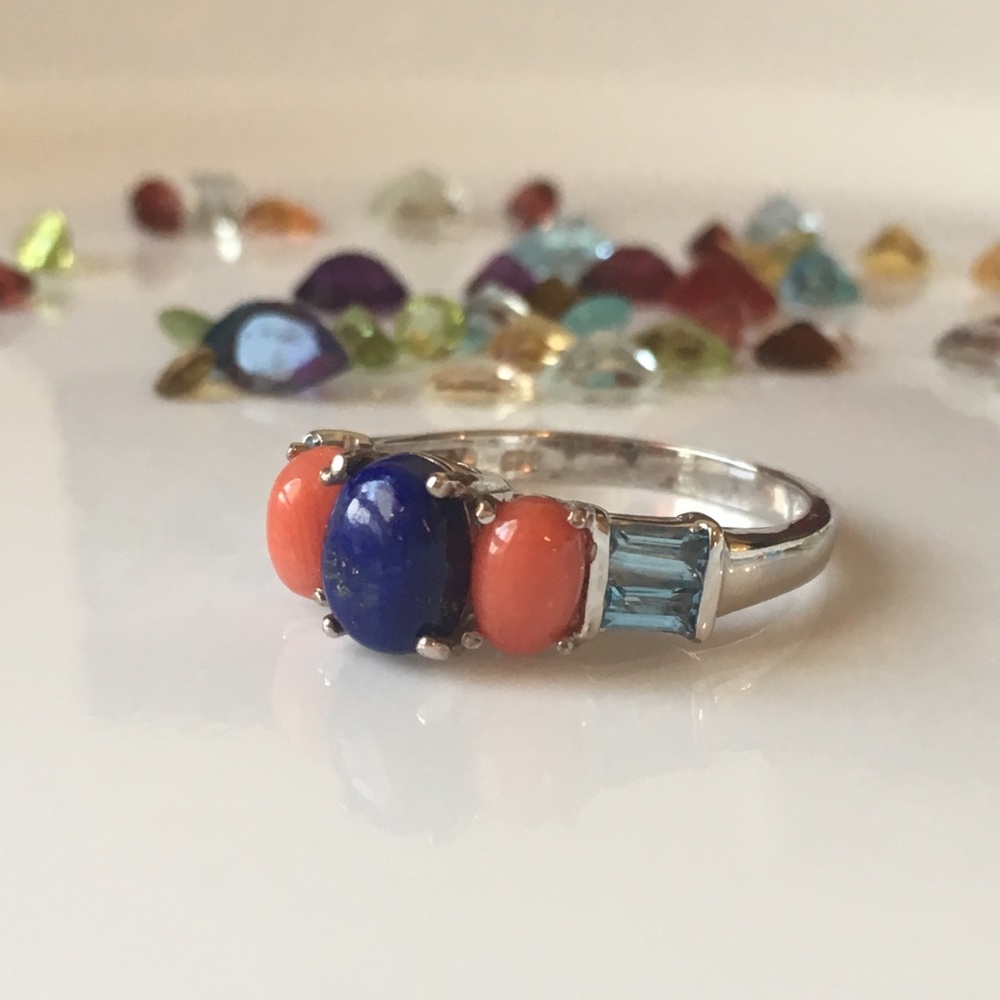 Sterling Silver Multistone Ring with Blue Lapis and Coral Accents